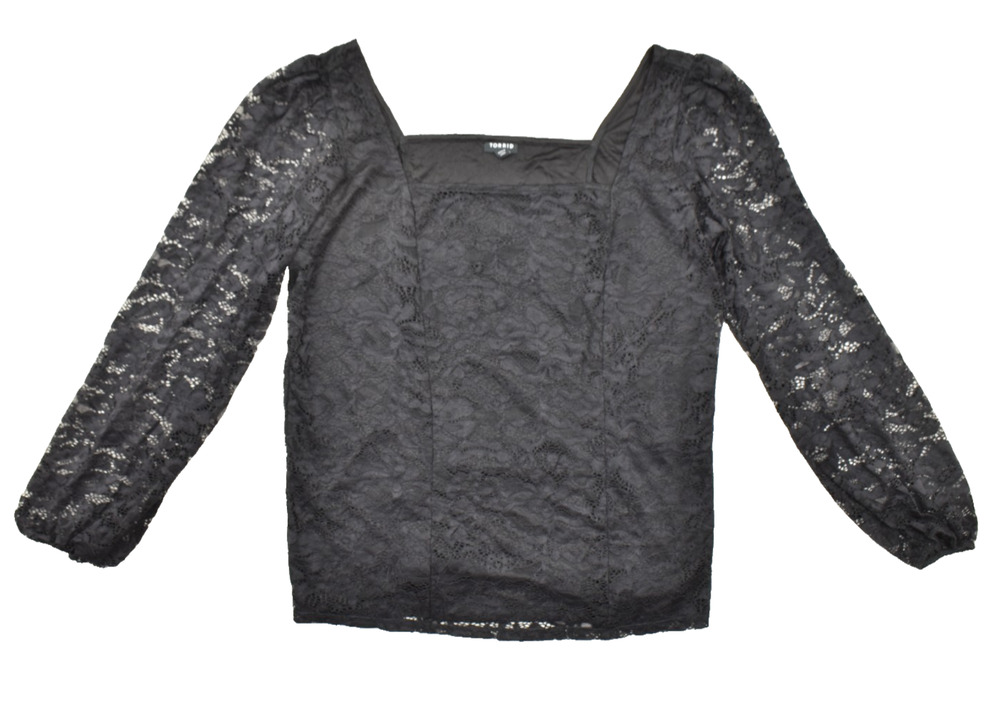 Torrid Women's Plus Size 2 Black Lace Square Neck Long Sleeve Blouse Top Nylon